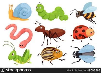 Cute insects mega set in graphic flat design. Bundle elements of funny mascots, snail, caterpillar, bee, worm, ant, ladybug, grasshopper, colorado, beetle, fly. Vector illustration isolated objects
