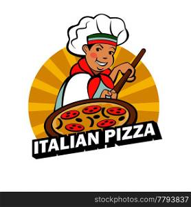Cute Italian chef is engaged in cooking delicious pizza. Vector logo of the pizzeria. Business card layout.