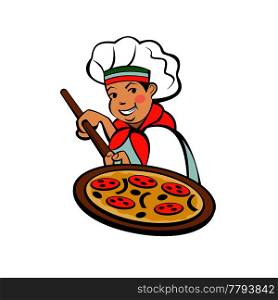 Cute Italian chef is engaged in cooking delicious pizza. Vector logo of the pizzeria. Business card layout.