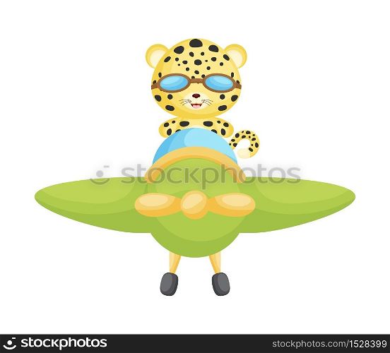 Cute jaguar pilot wearing aviator goggles flying an airplane. Graphic element for childrens book, album, scrapbook, postcard, mobile game. Flat vector stock illustration isolated on white background.