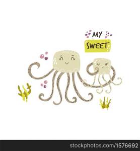 Cute jellyfish family. Baby cartoon design. Nursery art print. Vector illustration.. Cute jellyfish family. Baby cartoon design, composition