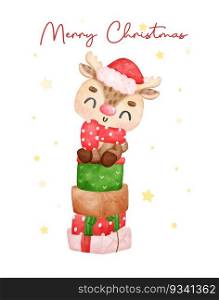 Cute joyful Christmas reindeer animal on stack of wrapped presents, Merry Christmas, cartoon animal character watercolour hand drawing vector illustration