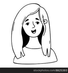 Cute joyful girl. Female portraits in cartoon doodle style. Vector linear hand drawing. Female emotional character portrait for use as icons, avatars for social networks, design
