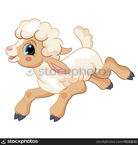 Cute jumping lamb. Cartoon little sheep character. Vector isolated illustration. Funny animal. For greeting cards, posters, design, stickers, decor and kids apparel. Little cute cartoon jumping deer vector illustration