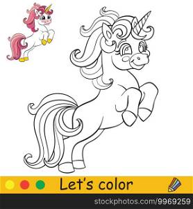 Cute jumping smiling unicorn. Coloring book page for children with colorful template. Vector cartoon illustration isolated on white background. For coloring book,preschool education,print and game. Coloring vector cute little jumping smiling unicorn