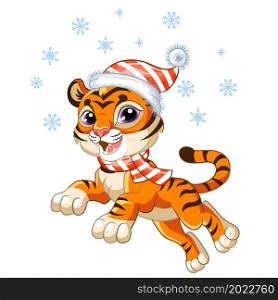 Cute jumping tiger in a Christmas hat with snowflakes. Cartoon tiger character. Vector cartoon isolated illustration. For postcard, posters, design, greeting card, stickers, decor,kids apparel. Cute Christmas tiger with snowflakes vector illustration
