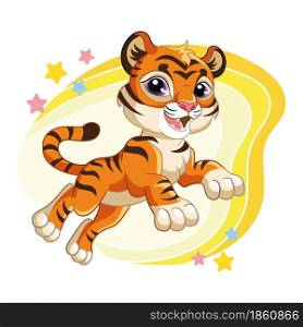 Cute jumping tiger on a yellow background with stars. Cartoon character. Vector isolated colorful illustration. For print and design, poster, card, sticker, room decor, party, kids apparel. Cute jumping tiger cartoon character vector illustration