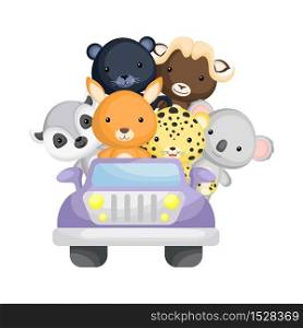 Cute kangaroo, jaguar, koala, lemur, panther, muskox travel in car. Graphic element for childrens book, album, postcard, mobile game. Zoo theme. Flat vector illustration isolated on white background.