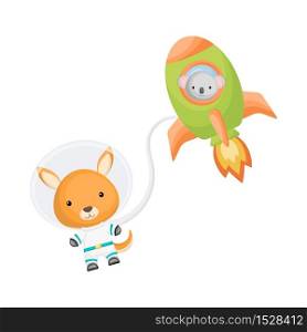 Cute kangaroo snd koala astronauts flying in rocket and open space. Graphic element for childrens book, album, postcard, invitation. Flat vector stock illustration isolated on white background.