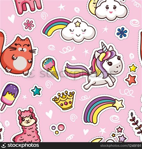 Cute Kawai Seamless Pattern on Pink Background. Happy Cat, Alpaca, Unicorn with Smile. Colorful Ice cream, Crown, Star, Cloud and Rainbow on Comic Design Wallpaper. Flat Cartoon Vector Illustration. Cute Kawai Seamless Pattern on Pink Background