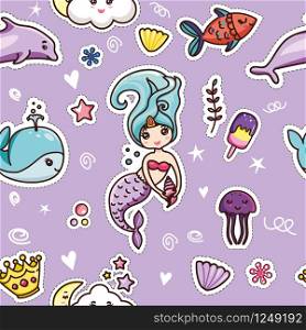 Cute Kawai Seamless Pattern on Purple Background. Happy Mermaid, Whale, Dolphin with Smile. Colorful Summer Collage with Sea Animal. Comic Design Wallpaper. Flat Cartoon Vector Illustration. Cute Kawai Seamless Pattern on Purple Background