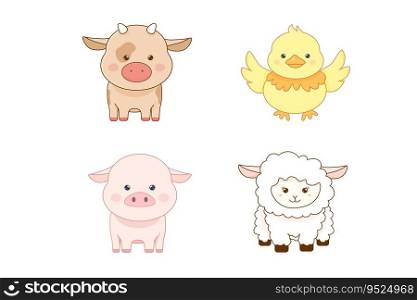 cute kawaii animals clip art chicken, cow, pig, sheep, white isolated background. cute kawaii animals clip art chicken, cow, pig, sheep,