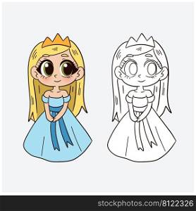 Cute kawaii cartoon of a little princess in blue dress.vector of outlined and color for coloring book