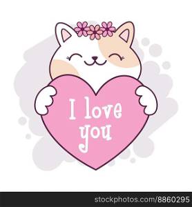 Cute kawaii cat holding a heart with the text I love you. Hand drawn cartoon illustration for sticker, greeting card, birthday wishes, anniversary, happy Valentine"s Day.