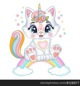 Cute kawaii cat sitting on a rainbow. Cartoon character. Vector isolated illustration. Children design. For print and design, posters, cards, stickers, decor, kids apparel, baby shower and invitation. Cute kawaii kitten on a rainbow cartoon character vector illustration