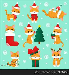 Cute kawaii cats with gifts, Christmas tree, garland, dressed up deer and sweater. Cartoon vector character. Happy New Year stickers.
