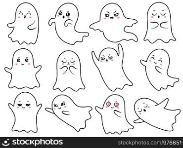 Cute kawaii ghost. Spooky halloween ghosts, smiling spook or japan smile and scary ghostly character with Boo face, fun japanese vector cartoon isolated icons illustration set. Cute kawaii ghost. Spooky halloween ghosts, smiling spook and scary ghostly character with Boo face vector cartoon illustration
