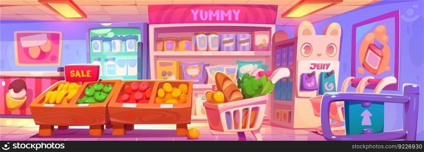 Cute kawaii grocery store interior vector background. Cartoon yummy retail supermarket with food on shelf and product display on rack with face. Full refrigerator with milk bottle and fruit on sale.. Cute kawaii grocery store interior, yummy market