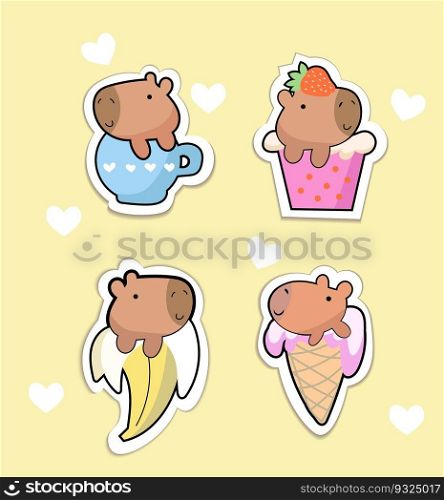 Cute kawaii hand drawn face capybara in anime style in a cup of tee, babana,an ice-cream, a strawberry cocktail