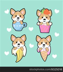 Cute kawaii hand drawn face corgy dog in anime style in a cup of tee, babana,an ice-cream, a strawberry cocktail