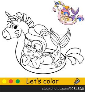 Cute kawaii laughing mermaid in inflatable circle unicorn. Coloring page and colorful template for kids education. Vector illustration. For design, t shirt print, icon, patch or sticker.. Vector kawaii laughing mermaid in inflatable circle coloring