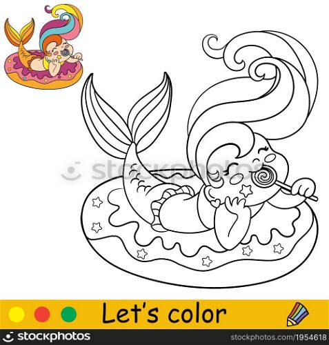 Cute kawaii mermaid in inflatable circle eats a lollypop. Coloring page and colorful template for kids education. Vector illustration. For design, t shirt print, icon, patch or sticker.. Vector kawaii mermaid in inflatable circle coloring