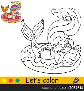 Cute kawaii mermaid in inflatable circle eats a lollypop. Coloring page and colorful template for kids education. Vector illustration. For design, t shirt print, icon, patch or sticker.. Vector kawaii mermaid in inflatable circle coloring