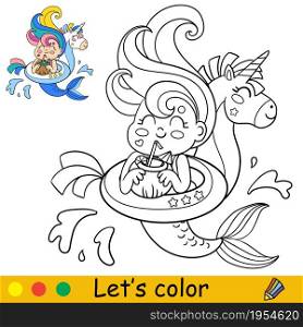 Cute kawaii mermaid in inflatable circle unicorn drinking a cocktail. Coloring page and colorful template for kids education. Vector illustration. For design, t shirt print, icon, patch or sticker.. Vector kawaii mermaid in inflatable circle unicorn coloring