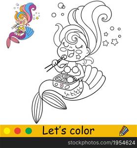 Cute kawaii mermaid sitting in a seashell and eating sushi. Coloring page and colorful template for kids education. Vector illustration. For design, t shirt print, icon, patch or sticker.. Vector cute kawaii mermaid eating sushi coloring