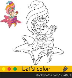 Cute kawaii mermaid sitting on a starfish and eats cupcake. Coloring page and colorful template for kids education. Vector illustration. For design, t shirt print, icon, logo, patch or sticker.. Vector cute kawaii mermaid sitting on a starfish coloring