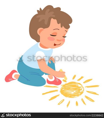 Cute kid drawing sun on ground. Child creativity. Vector illustration. Cute kid drawing sun on ground. Child creativity