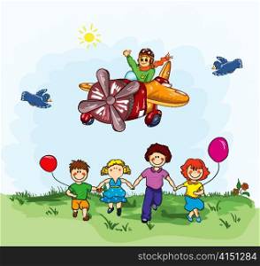 Cute kid flying with a plane