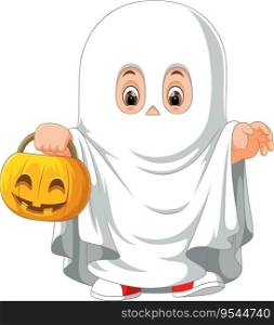 Cute kid in a ghost costume celebrating Halloween of illustration