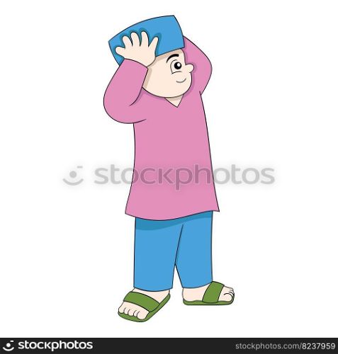 cute kid is getting ready to go to the mosque for worship. vector design illustration art