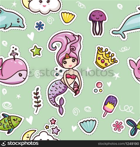 Cute Kid Kawai Seamless Pattern Green Background. Happy Mermaid Girl with Smile. Colorful Ice cream, Crown, Whale, Dolphin, Jellyfish on Comic Design Wallpaper. Flat Cartoon Vector Illustration. Cute Kid Kawai Seamless Pattern Green Background