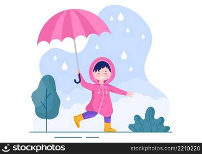 Cute Kid Wearing Raincoat, Rubber Boots and Carrying Umbrella In the Middle of Rain Showers. Flat Background Cartoon Vector Illustration for Banner or Poster
