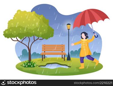Cute Kid Wearing Raincoat, Rubber Boots and Carrying Umbrella In the Middle of Rain Showers. Flat Background Cartoon Vector Illustration for Banner or Poster
