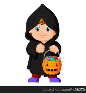 Cute kid witch walking in black cloak