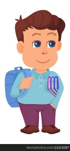 Cute kid with backpack. Little boy going to school. Vector illustration. Cute kid with backpack. Little boy going to school