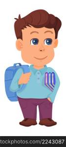 Cute kid with backpack. Little boy going to school. Vector illustration. Cute kid with backpack. Little boy going to school