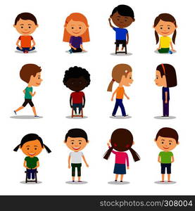 Cute kids characters in different position vector set in flat style. Cute kids characters