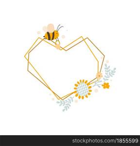 Cute kids heart love frame with bee and bouquet of sunflower wreath summer. Baby scandinavian style vector polygon illustration with place for text.. Cute kids heart love frame with bee and bouquet of sunflower wreath summer. Baby scandinavian style vector polygon illustration with place for text