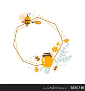 Cute kids Hexagon frame with bee and spoon, jar of honey with bouquet of flowers wreath. Baby scandinavian style vector polygon illustration with place for text.. Cute kids Hexagon frame with bee and spoon, jar of honey with bouquet of flowers wreath . Baby scandinavian style vector polygon illustration with place for text
