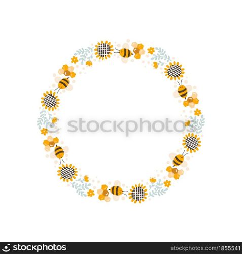 Cute kids honey wreath with sunflower and bee in flat frame vector scandinavian style. Baby illustation frame with place for text for content, greeting card, graphic.. Cute kids honey wreath with sunflower and bee in flat frame vector scandinavian style. Baby illustation frame with place for text for content, greeting card, graphic