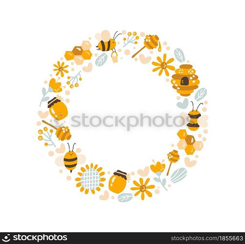 Cute kids honey wreath with sunflower, honey spoon and bee in flat frame vector scandinavian style. Baby illustation frame with place for text for content, greeting card, graphic.. Cute kids honey wreath with sunflower, honey spoon and bee in flat frame vector scandinavian style. Baby illustation frame with place for text for content, greeting card, graphic