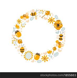 Cute kids honey wreath with sunflower, honey spoon and bee in flat frame vector scandinavian style. Baby illustation frame with place for text for content, greeting card, graphic.. Cute kids honey wreath with sunflower, honey spoon and bee in flat frame vector scandinavian style. Baby illustation frame with place for text for content, greeting card, graphic