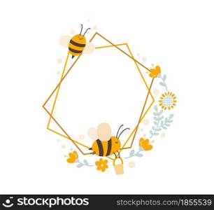 Cute kids Polygon frame with bee and spoon, jar of honey with bouquet of flowers wreath summer. Baby scandinavian style vector polygon illustration with place for text.. Cute kids Polygon frame with bee and spoon, jar of honey with bouquet of flowers wreath summer. Baby scandinavian style vector polygon illustration with place for text