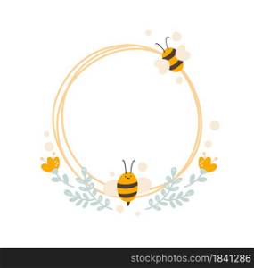 Cute kids Round frame with bee and bouquet of flowers wreath. Baby scandinavian style vector circle illustration with place for text.. Cute kids Round frame with bee and bouquet of flowers wreath. Baby scandinavian style vector circle illustration with place for text