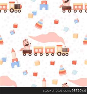 Cute kids seamless pattern. Children toys. Funny unicorn in train, cubes and pyramid on white background. Vector illustration in cartoon style