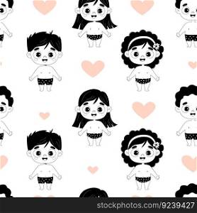 Cute kids seamless pattern. Funny happy childrens boys and girls in bathing shorts on transparent background. Vector illustration. hand drawing for design, textile, wallpaper, packaging
